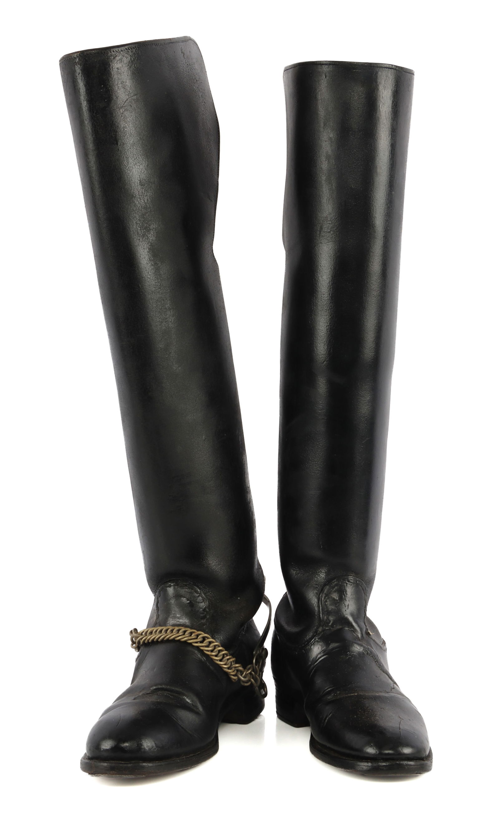 BRITISH DRAGOON RIDING BOOTS MISMATCHED PAIR: Two pairs of elaborate dragoon riding boots. Likely British. Different sizes, but superficially good for display. Very good, original condition.