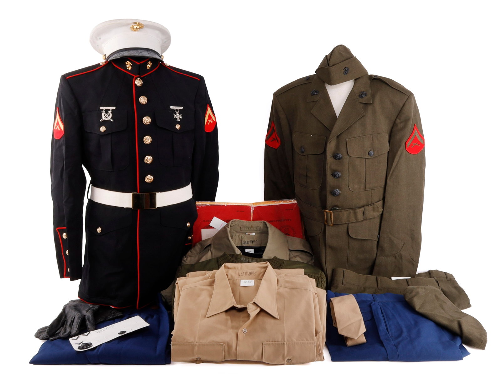 LOT OF 18 USMC UNIFORM AND DRESS GARMENTS: Includes 1 decorated button-up with E-3 insignias and EGAs size 43L. 7 long-sleeve shirts, sizes 43-44. 5 Pants, sizes 34-38. Visor, 2 caps, gloves and unclipped pins. Very good, original condition.