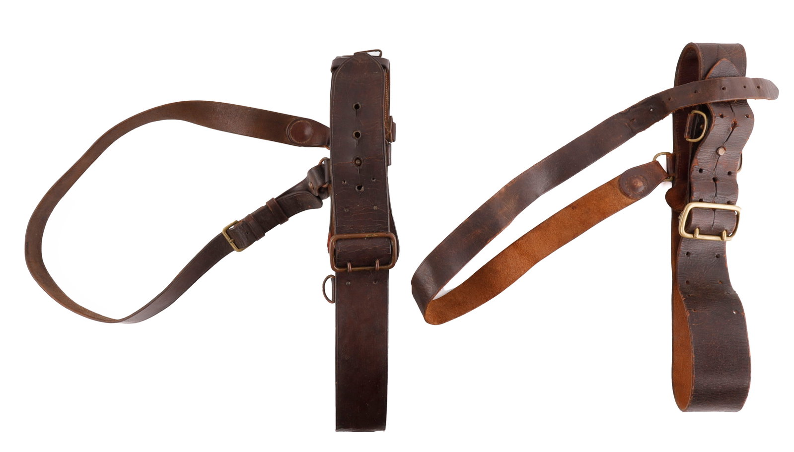 WWI SAM BROWNE BELT FRENCH & CANADIAN LOT OF 2: Lot of two (2) leather Sam Browne type belts. The first is marked "A. Jannin, Saumur" (Albert Jannin of Saumur) and the second, "Lamontaigne Limited, Montreal, Canada." Very good condition.