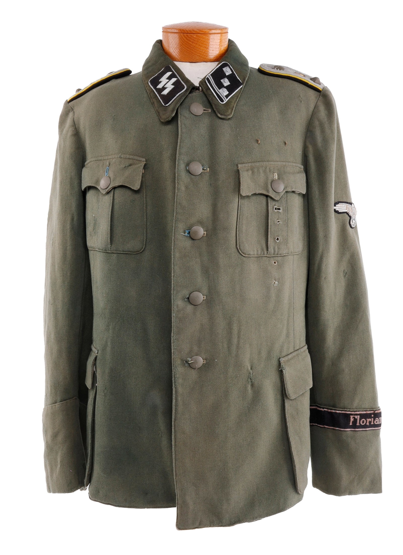 WWII GERMAN SS FLORIAN GEYER DIVISION TUNIC: WWII GERMAN SS FLORIAN GEYER DIVISION TUNIC 8th SS Cavalry Division Florian Geyer tunic. Complete with collar tabs, shoulder boards,Bevo cuff title, eagle patch, and ribbon. Carl Weyers make. Lining h
