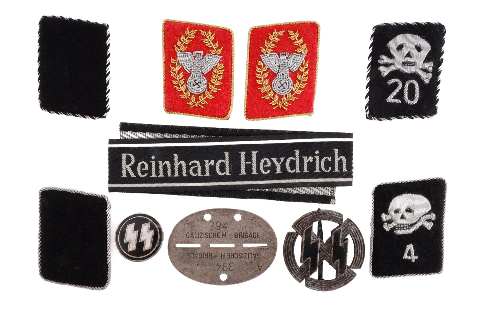WWII GERMAN THIRD REICH ASSORTED MILITARIA ITEMS: 1) SS collar tab. 2) SS collar tab. 3) SS collar tab. 4) SS collar tab. 5) SS pin. 6) SS badge. 7) NSDAP collar tab. 8) SS collar tab. 9) Reinhard Heydrich Division cuff title. 10) SS-Galizische dog t