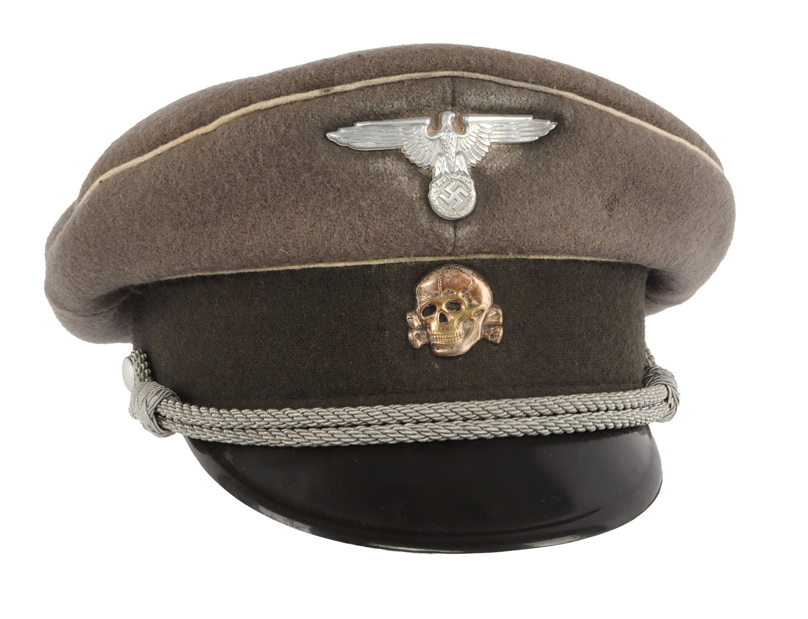 WWII GERMAN THIRD REICH WAFFEN-SS OFFICER VISOR: A visor for the Waffen-SS infantry. Green cloth construction with white piping and black band. Junior commissioned officer silver bullion strap. Historic interpreter's piece. Approximately a size 57. 