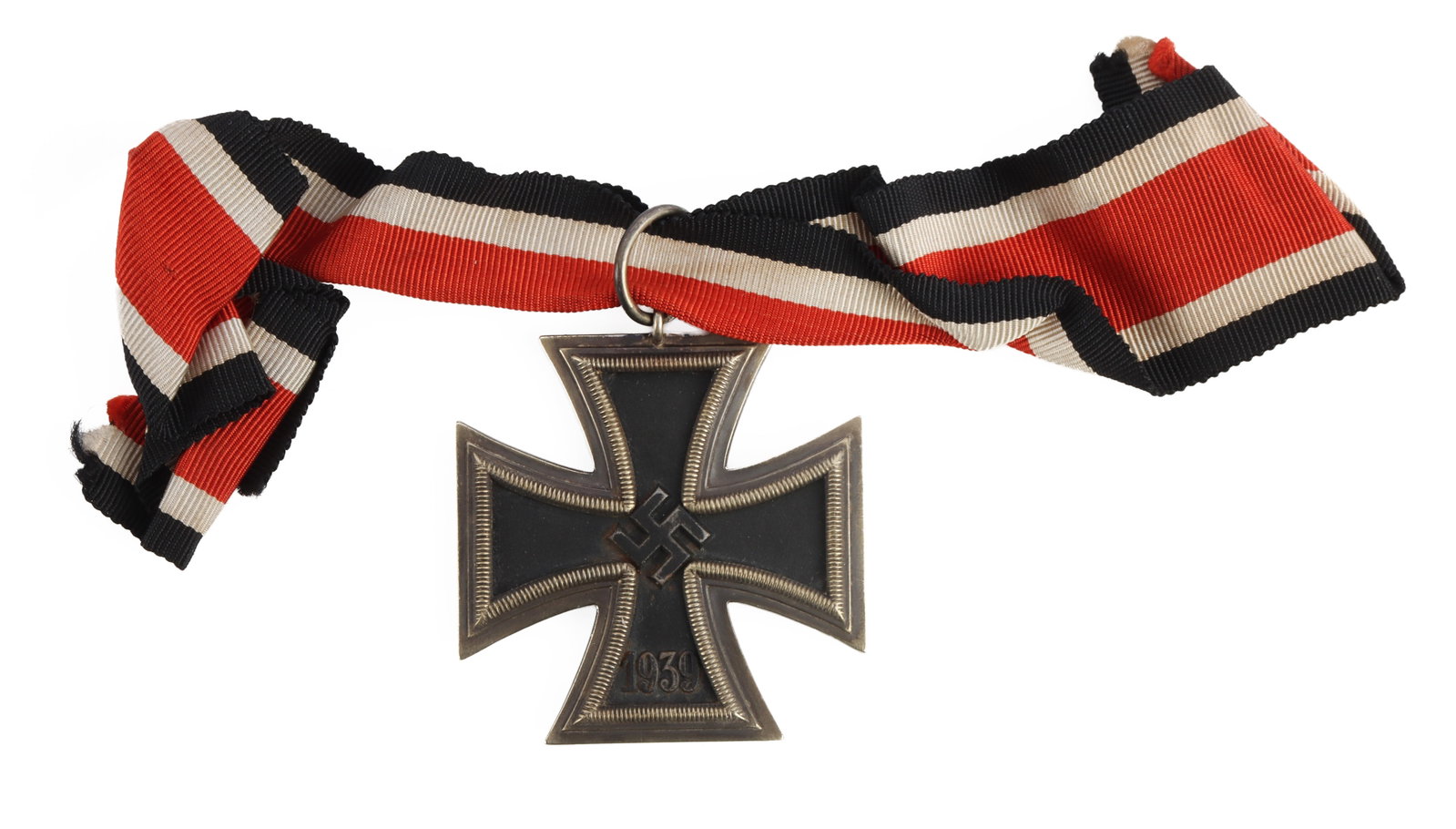 WWII GERMAN IRON CROSS 2ND CLASS IRON CROSS: Two piece silver frame with solid iron core. It measures 1 3/4 inches. The ring is marked 65 for Klein & Quenzer. Original ribbon. This lot has a reserve.