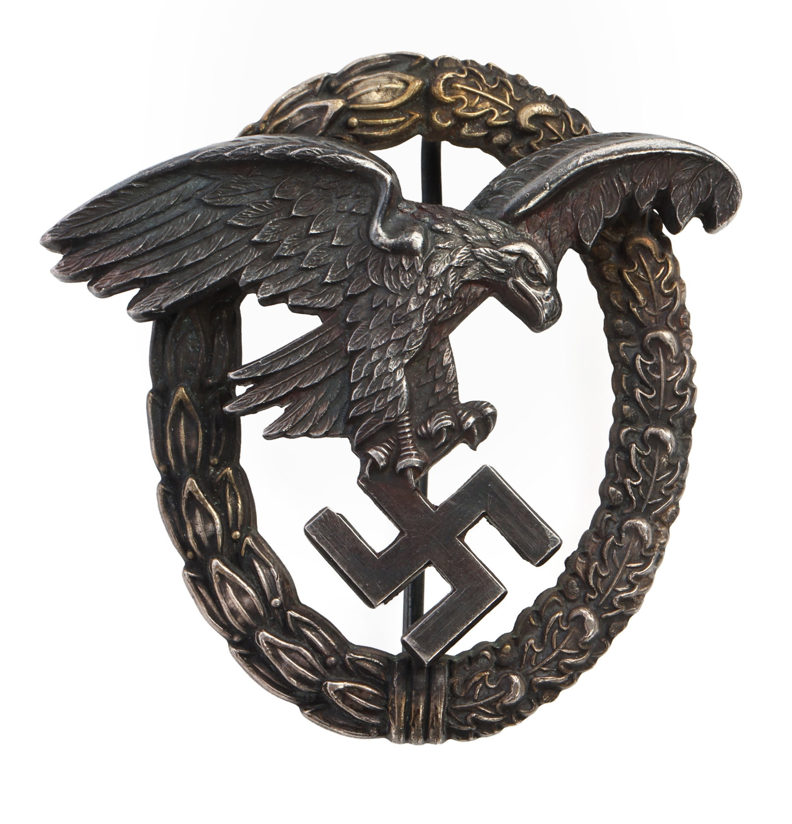 WWII GERMAN LUFTWAFFE PILOT OBSERVER BADGE: Dual rivet with C catch. Silvered tombak construction. CE. Juncker make. It measures 2 inches. Very good condition.