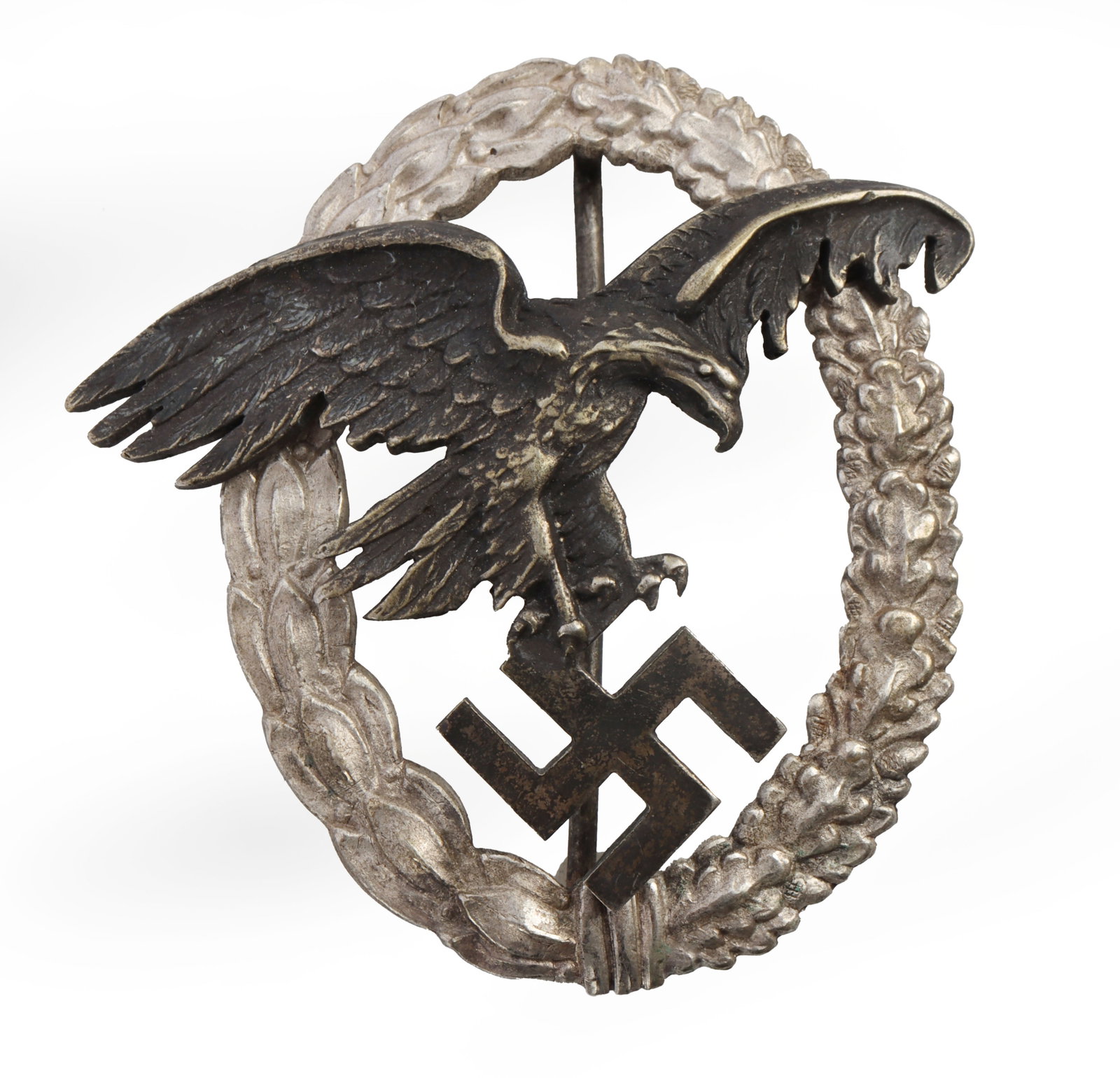 WWII GERMAN LUFTWAFFE PILOT OBSERVER BADGE: Light weight type. Dual rivet with C catch. Silvered tombak construction. CE. Juncker make. It measures 2 inches. Very good condition.