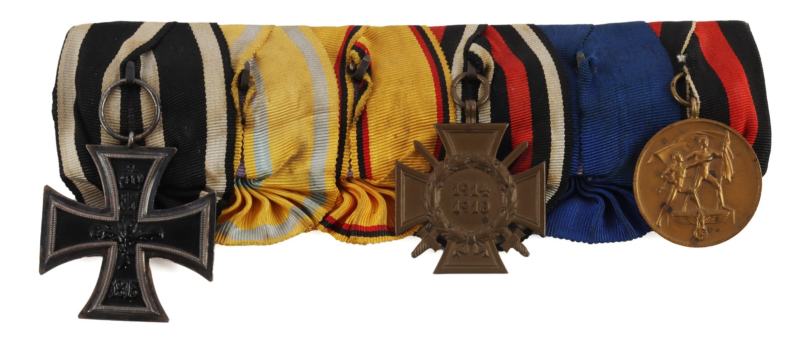 WWII GERMAN THIRD REICH MEDAL BAR IRON CROSS: A medal from the Third Reich, with an Iron Cross, War Merit Cross, and a Sudetenland medal. Unauthenticated, sold as is.