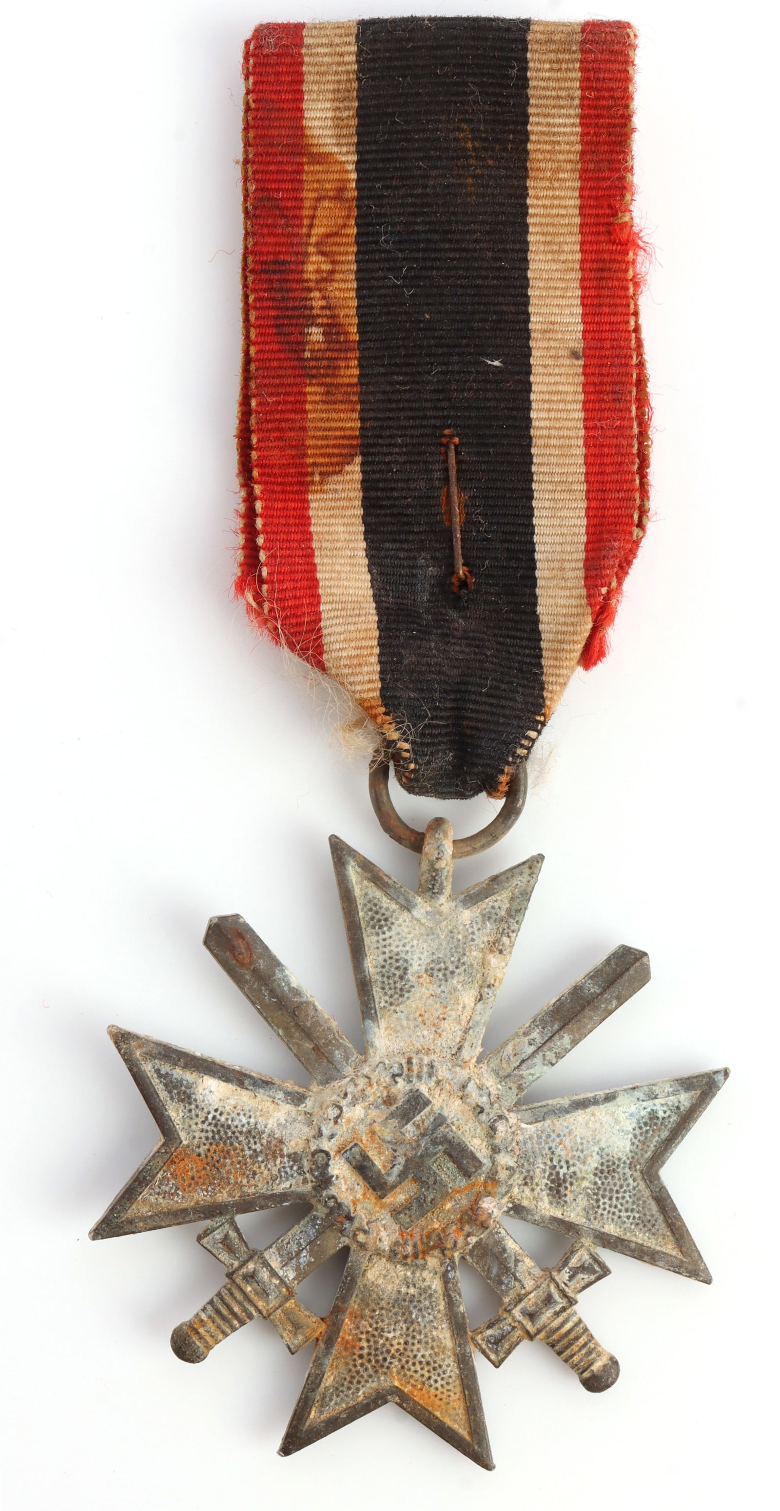 WWII GERMAN THIRD REICH WAR MERIT CLASS 2ND CLASS: A War Merit cross with crossed swords and intact ribbon. A Maltese cross with a swastika and crossed swords. Unmarked. Ribbon non-fluorescing. Very good, original condition.