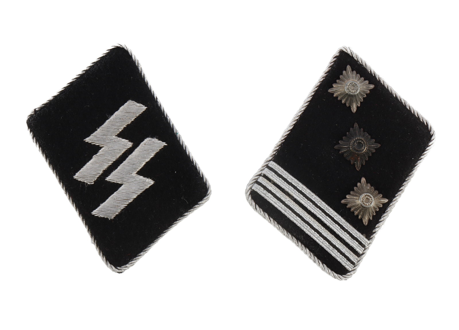 WWII GERMAN SS HAUPTSTURMFUHRER COLLAR TABS: Silver bullion runes and trim. RZM tag on reverse. They measure 2 7/8 inches corner to corner. Fluorescing. Unauthenticated, sold as is.