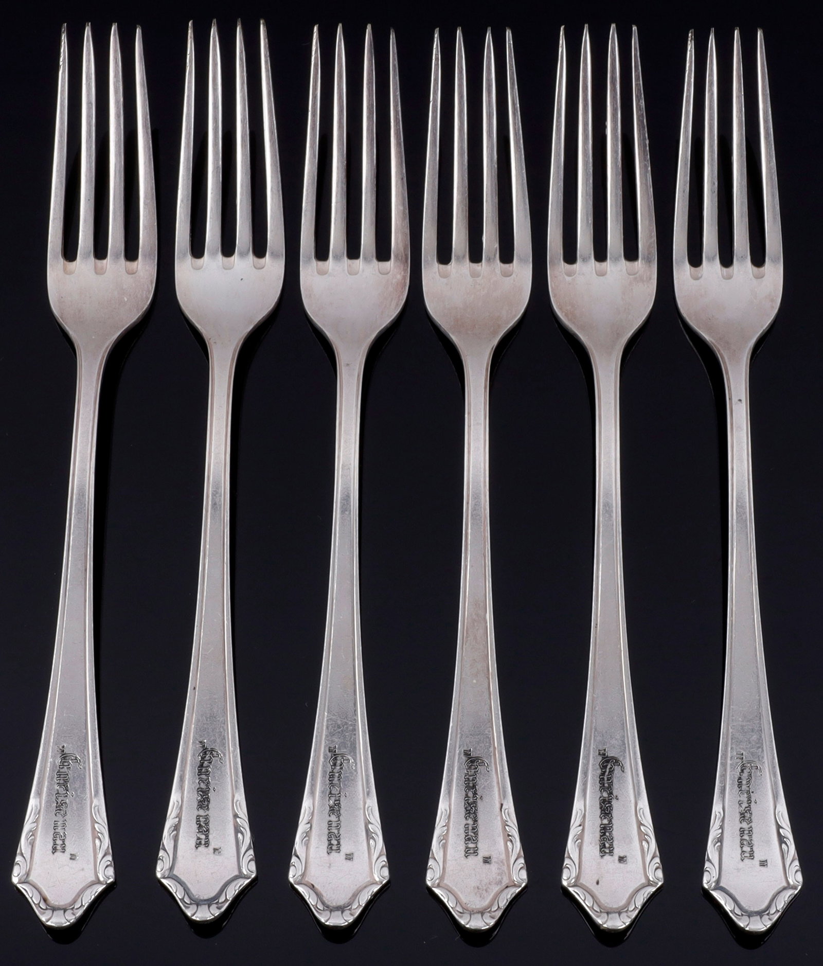 6 WWII GERMAN KRIEGSMARINE FORKS GNEISENAU SHIP: Six forks measuring 7 inches. Marked Gneisenau with eagle on reverse. Very good condition.