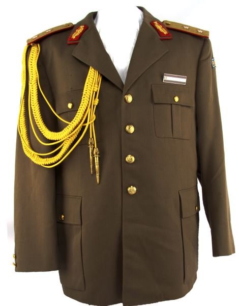 SOVIET RUSSIAN POST-WAR GENERAL'S UNIFORM: Post-War Soviet Russian one-star Army General's uniform with bullion collar tabs, shoulder boards, state emblem buttons, eleven ribbon bars, trousers, cap with Soviet emblem cockade and bullion. Overa