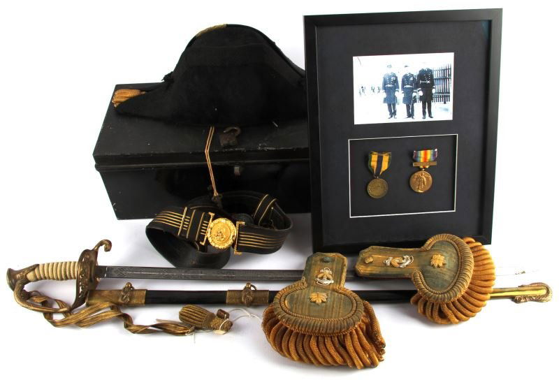 WWI NAMED US NAVY CHAPEAU SWORD EPAULETTES: Sword named to John Henry Jack Jr., Lehmberg maker and in excellent condition, Bullion sword knot is separated from the knot, the accompanying belt and buckle is in near excellent condition, the Chape