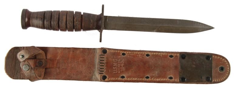 WWII USMC M6 SCABBARD W M3 FIGHTING KNIFE: Moose CO. 1943 dated leather scabbard very good, M3 Imperial marked cross bar Fighting knife in very good condition