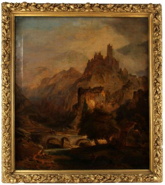 19TH C GERMAN SCHOOL CASTLE LANDSCAPE OIL PAINTING: Unnamed 19th century German School oil on canvas landscape with the Bavarian Neuschwanstein Castle. The canvas measures 26.25 by 29.75 inches on its original stretcher, 31 by 35 inches framed. The pai