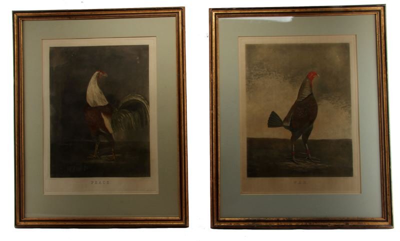 19TH C. PEACE & WAR HAND-COLORED PRINTS W.C. LEE: Pair of hand-colored engraving prints after paintings by Benjamin Marshall (1768-1835) published by W.C. Lee, engraved by C. Turner. War is a gamecock with fighting spurs. Prints measure approximately