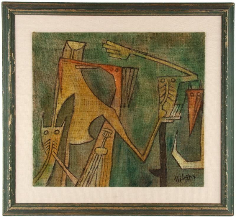 WIFREDO LAM UNTITLED OIL ON JUTE 1957: Wifredo Lam (Cuban, 1909-1982) multiple abstract figures in green, yellow, orange, gray, and white oil paint on jute burlap. Image surface measures approximately 21.25 by 19 inches, 28.75 by 27 inches