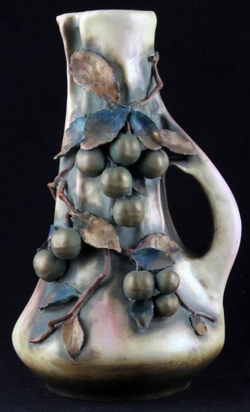 LARGE RSTK AMPHORA AUSTRIA BERRY EWER: Art Nouveau/ European Arts & Crafts-period pottery by Amphora Austria. Gourd-shape with applied berries, leaves and vines. Dating from 1900-1910, it is incised on bottom with Amphora mark, artist mark