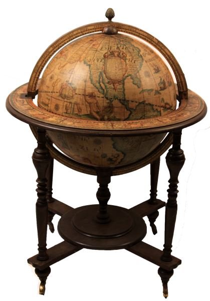 PORTABLE OLD WORLD GLOBE LIQUOR BAR: This portable old world globe opens to reveal a bar. No bar equipment included just the bottle holders glass holders and a ice holder. The frame measures 38 inches high with a diameter of 28 inches, t