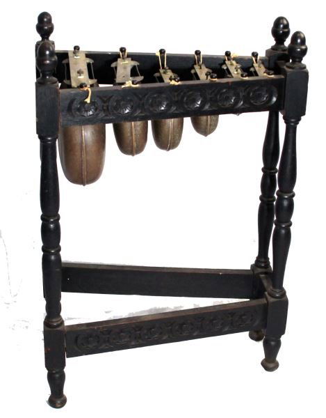 19TH C. ARTS & CRAFTS XYLOPHONE NEEDHAM: Arts and Crafts-style bronze bars over brass bells, each bar marked with a musical note and marked ?SOLE LICENSEE W.F NEEDHAM? and ?PLANT & PERRY PATENT No.5320? Manufactured by William Frederick Need