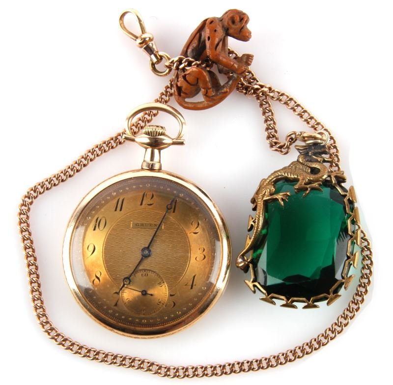 VINTAGE 14K YELLOW GOLD GRUEN VERITHIN POCKETWATCH: Beautiful Gruen pocket watch, "Veri-thin" design, solid 14K yellow gold, dress model. Case manufactured by Gruen Nat'l Watch co., Cincinnati, #200032. 15 jewel mechanical movement #460157, Swiss made,