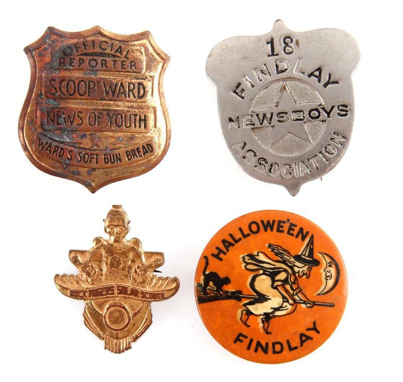 NEWS BOY BADGE BUCK ROGERS SOLAR SCOUTS PINBACK: Rare Findlay Ohio # 18 News Boy Associations badge, Childs & Co. back marked, nice condition Solar Scouts Pin, Wards Soft Bun Bread advertising badge, and a scarce Halloween Findlay pin back, Findlay