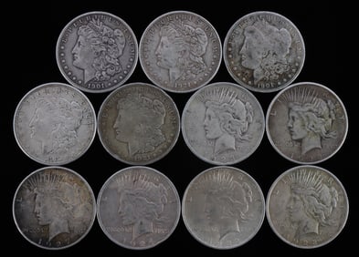 11 MIX PEACE & MORGAN SILVER DOLLAR COIN LOT 1927S