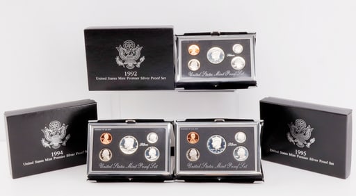1992 1994 1995 PREMIER SILVER PROOF SET LOT OF 3
