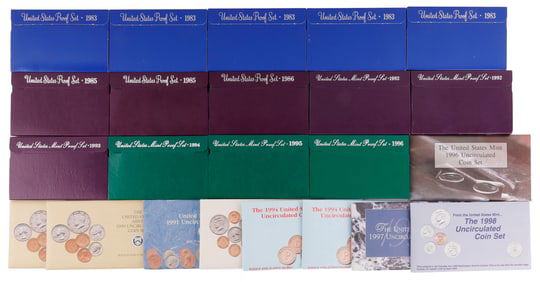 9 U.S. MINT UNCIRCULATED & 14 CLAD PROOF SET LOT
