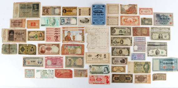 60+ PIECES OF WORLD CURRENCY & DOCUMENT LOT