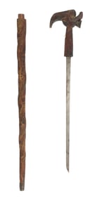 CARVED WOOD SWORD CANE WITH DRAGON HEAD PIPE GRIP