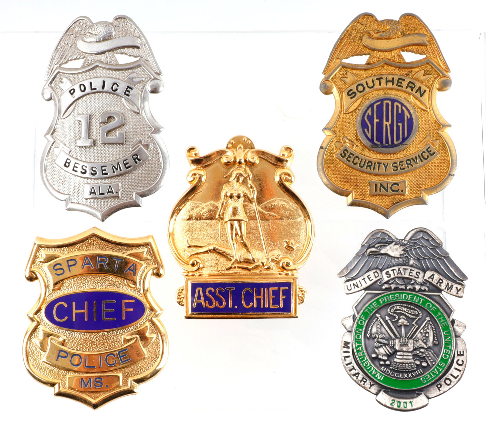 5 OBSOLETE LAW ENFORCEMENT ARMY MP BADGES: Includes US Army Military Police, Bessemer police, Sparta chief of police. Very good condition.