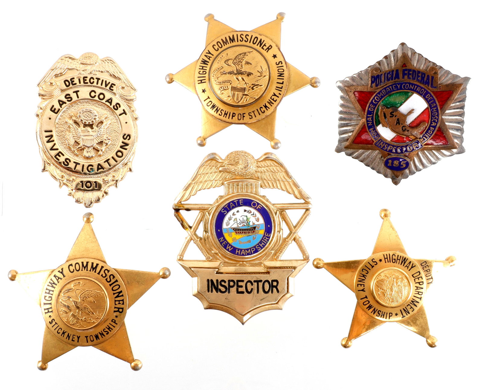 5 OBSOLETE LAW ENFORCEMENT INSPECTOR BADGES: Includes Stickney township, East Coast investigations, New Hampshire Inspector, and Mexican police. Very good condition.