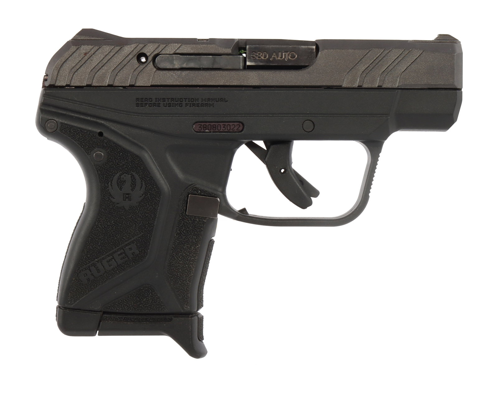 RUGER LCP II .380 SEMI-AUTO PISTOL: An LCP II.380 semi-automatic pistol from Ruger. Black matte frame. One magazine, 6 round capacity. With holster. Caliber: 380 Automatic. Serial number: 380803022. This lot has a reserve.