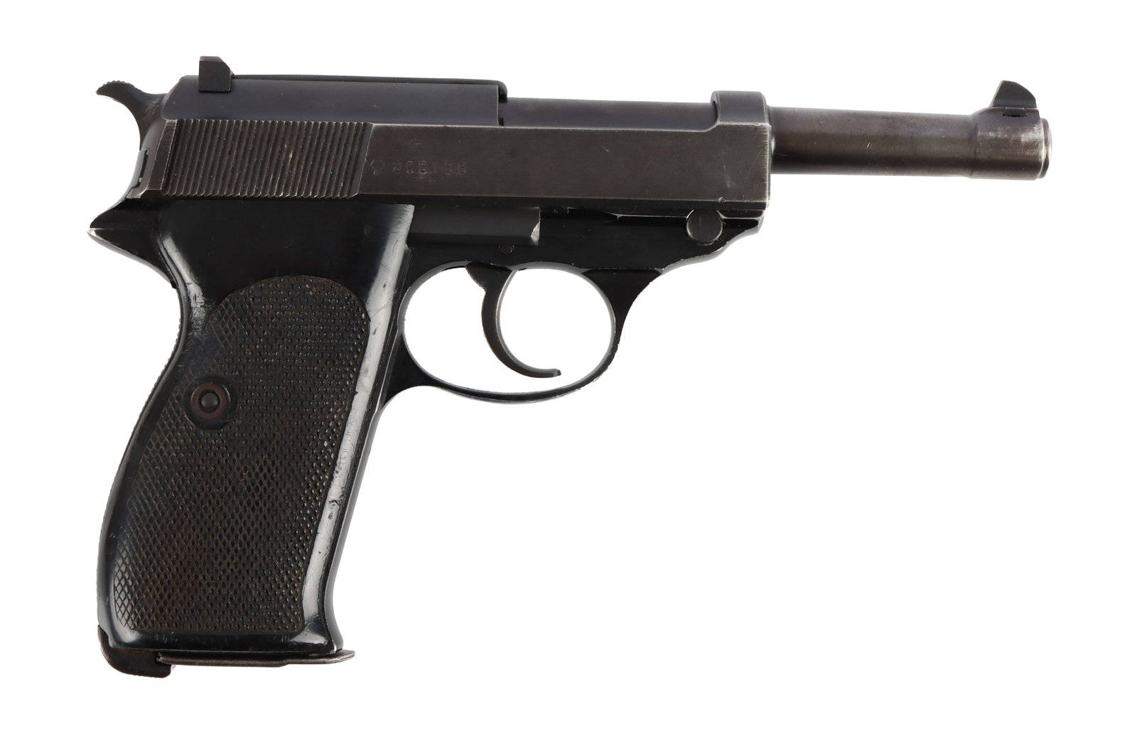 WALTHER P.38 POST WAR 9MM SA/DA SEMI AUTO PISTOL: Walther P38 semi-automatic SA/DA pistol, ca. 1974. Anodized aluminum frame with Ulm stag proof on left of trigger guard. Four-pointed star on takedown lever. Blued steel slide. Black plastic grips. Im