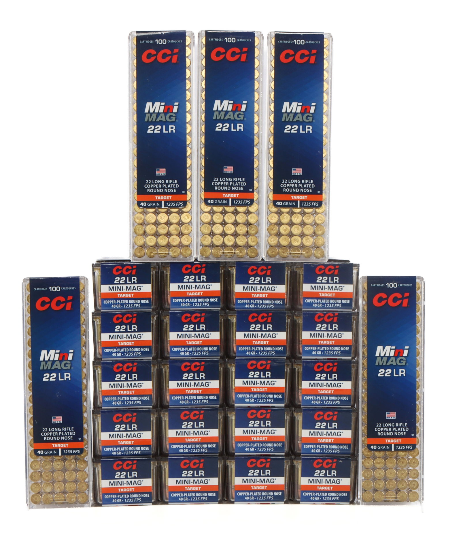 2500 ROUNDS .22 LR 40GR CPRN CCI MINI MAG AMMO: Lot of 2500 rounds factory new.22 LR 40gr Copper Plated Round Nose rimfire ammunition. No international shipping. This lot has a reserve.
