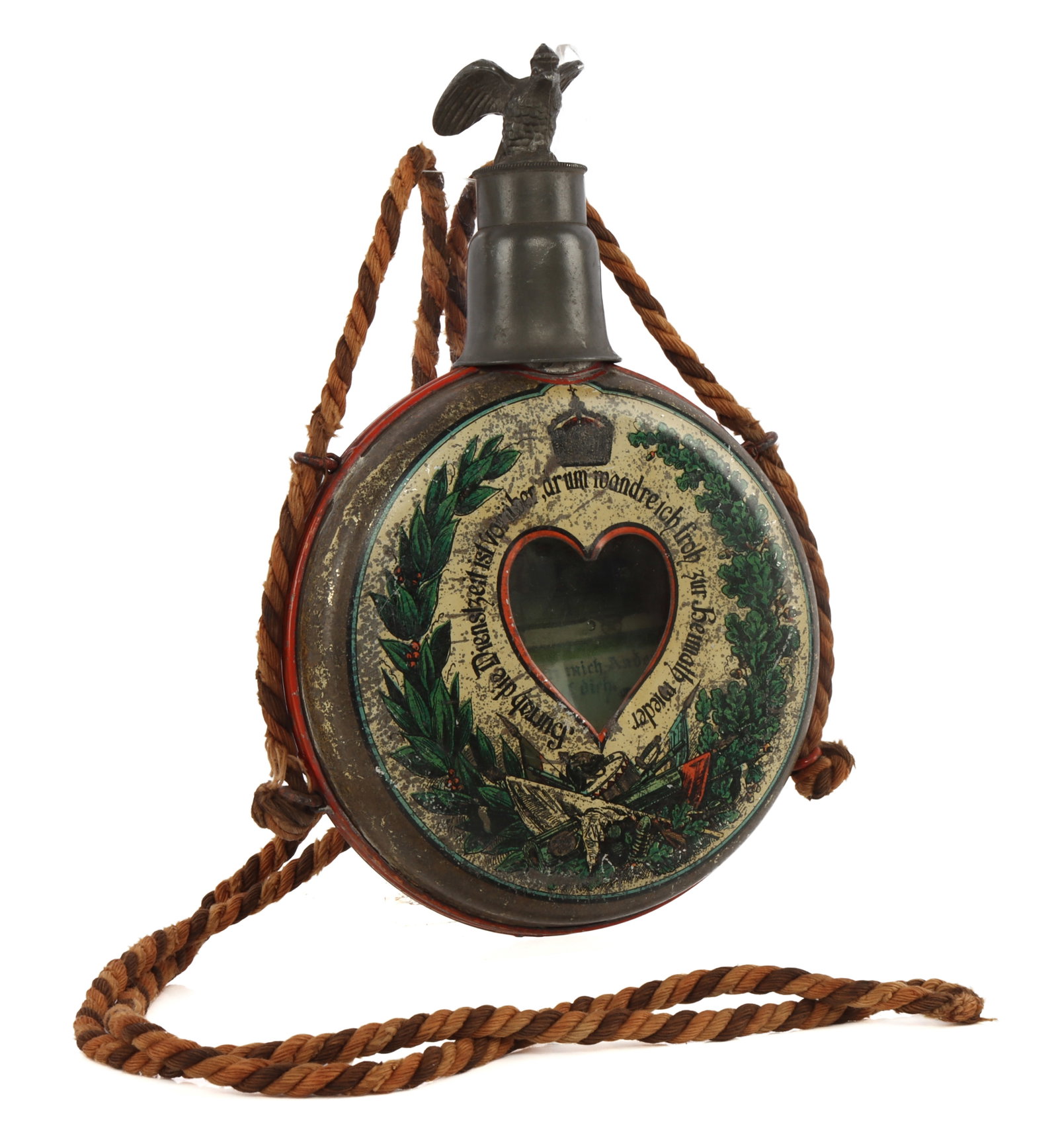 IMPERIAL GERMAN RESERVIST CANTEEN: A reservist canteen from Imperial Germany. Bearing reservist slogans. With cord and cup attached. 5.5 inch diameter. Very good, original condition. Origin: Imperial Germany