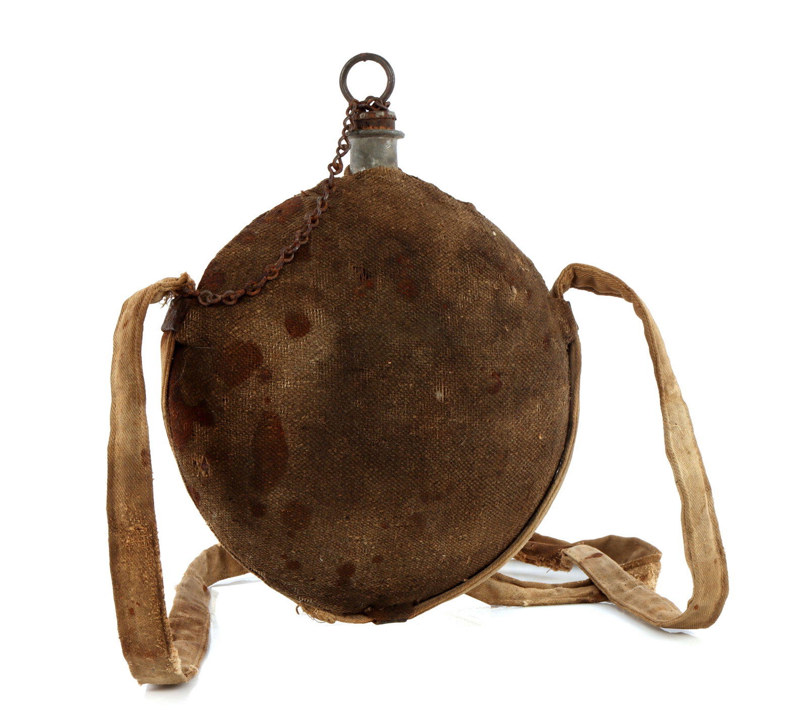 US CIVIL WAR BULLSEYE CANTEEN JC JOHNSON: A Civil War bullseye canteen. Maker's mark from J. C. Johnson & Co. with T. F. Bayles inspector stamp on strap. Cover, strap, cork, and jack chain all intact. Jack chain is depot mounted. 8.5 inch dia
