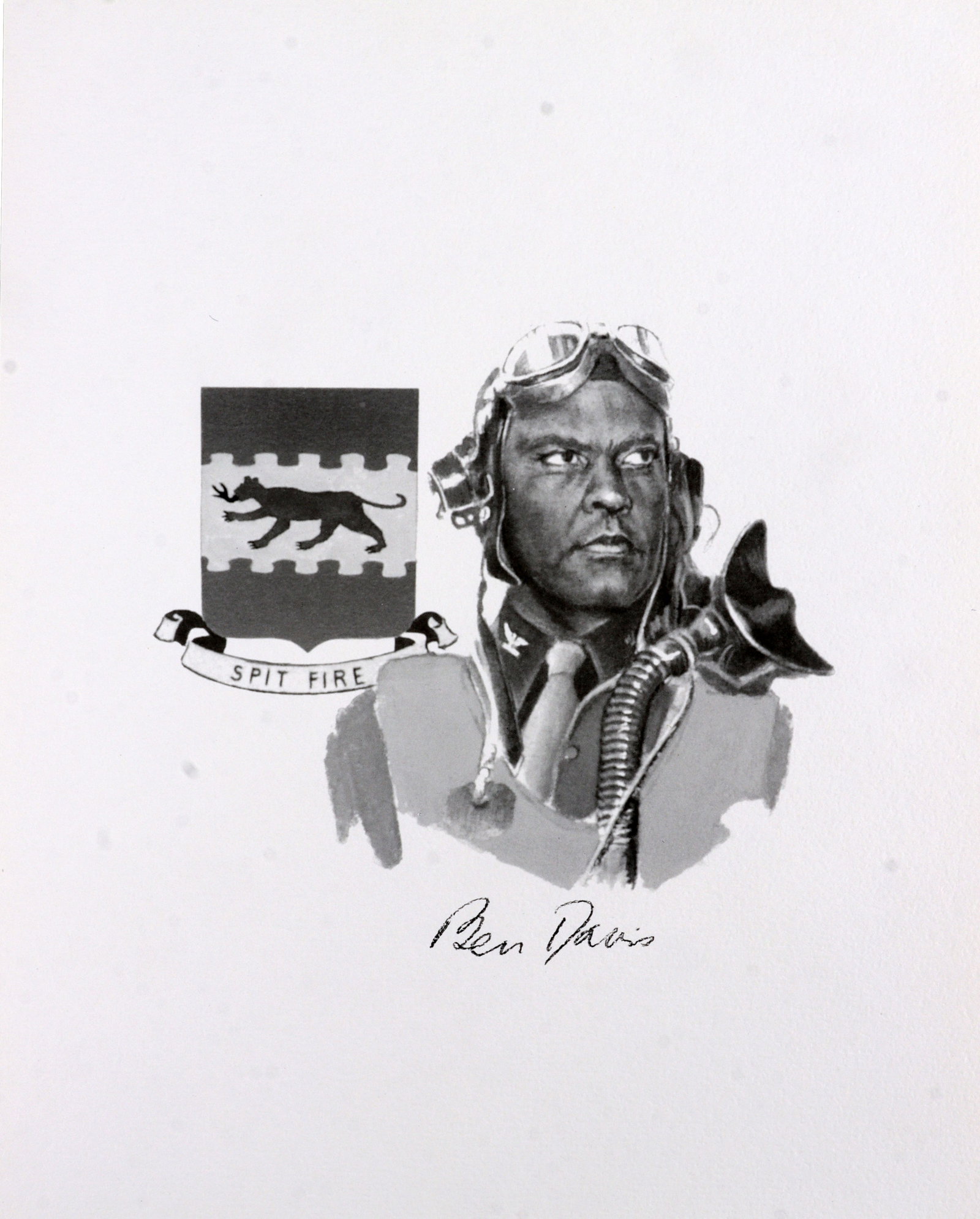 WWII US BEN DAVIS SIGNED SKETCH DEPICTION: Print of a sketch showing Ben Davis. Signed by Davis. Although unsigned by artist, the sketch is by military artist Jay Ashurst, who created these images for Gathering of Eagles events. Very good, ori