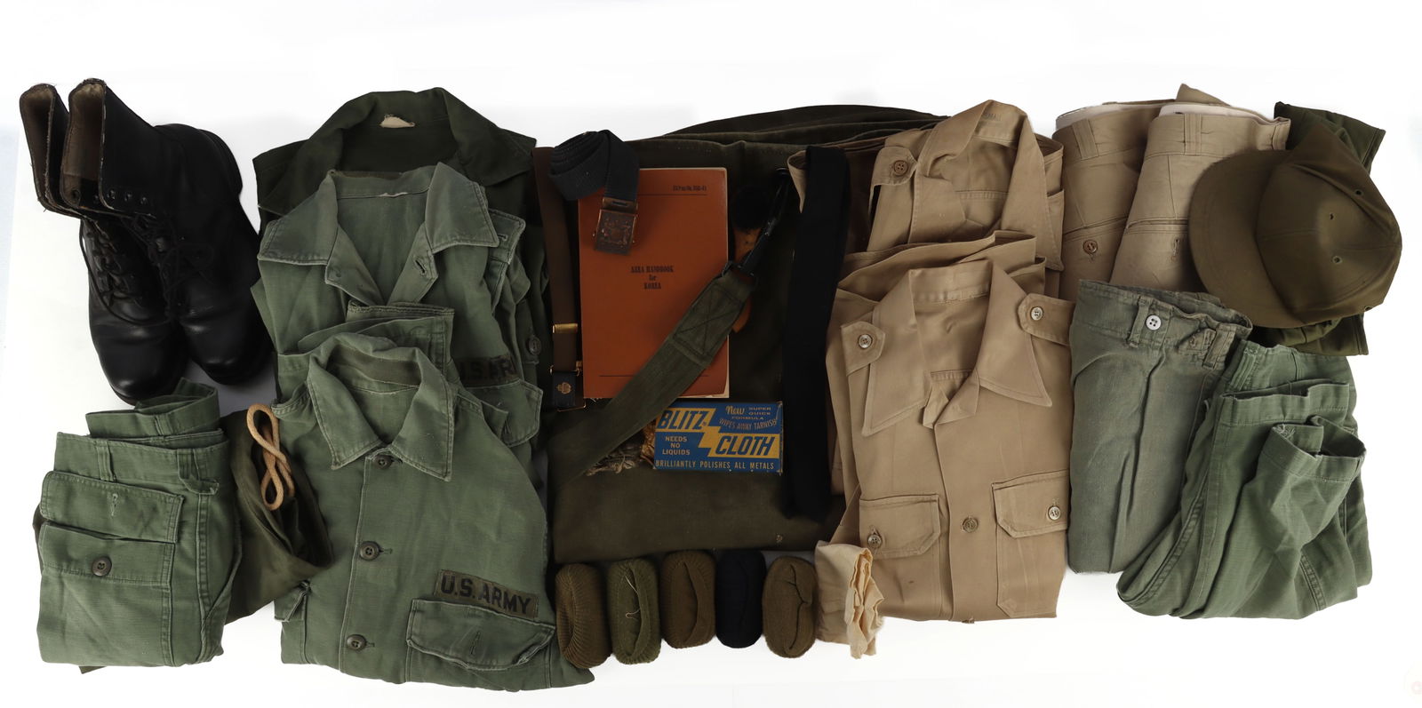 2ND & 9TH INFANTRY DIVISION KHAKI & OLIVE UNIFORM: All sizes are small, includes 9th Infantry belt and buckle, boots size 8 1/2, 2 khaki uniforms, 3 Olive Drab with 3 2nd infantry division patches, socks and 2 hats one mothed, 2 bags