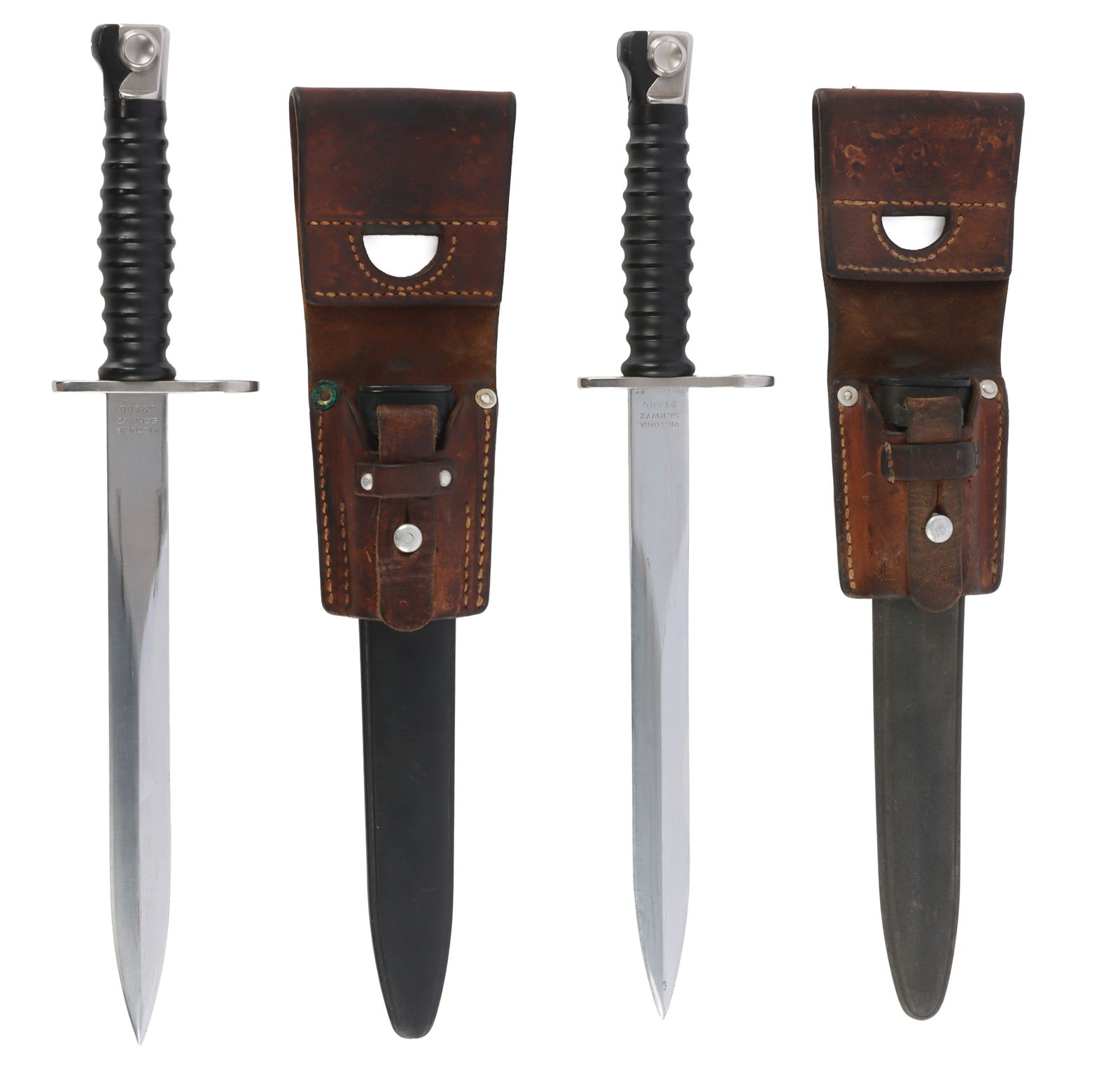2 SWISS M57 BAYONET LOT: Very good original condition,9 1/2 inch blade, 14 1/2 overall, vinyl scabbard, leather frog.