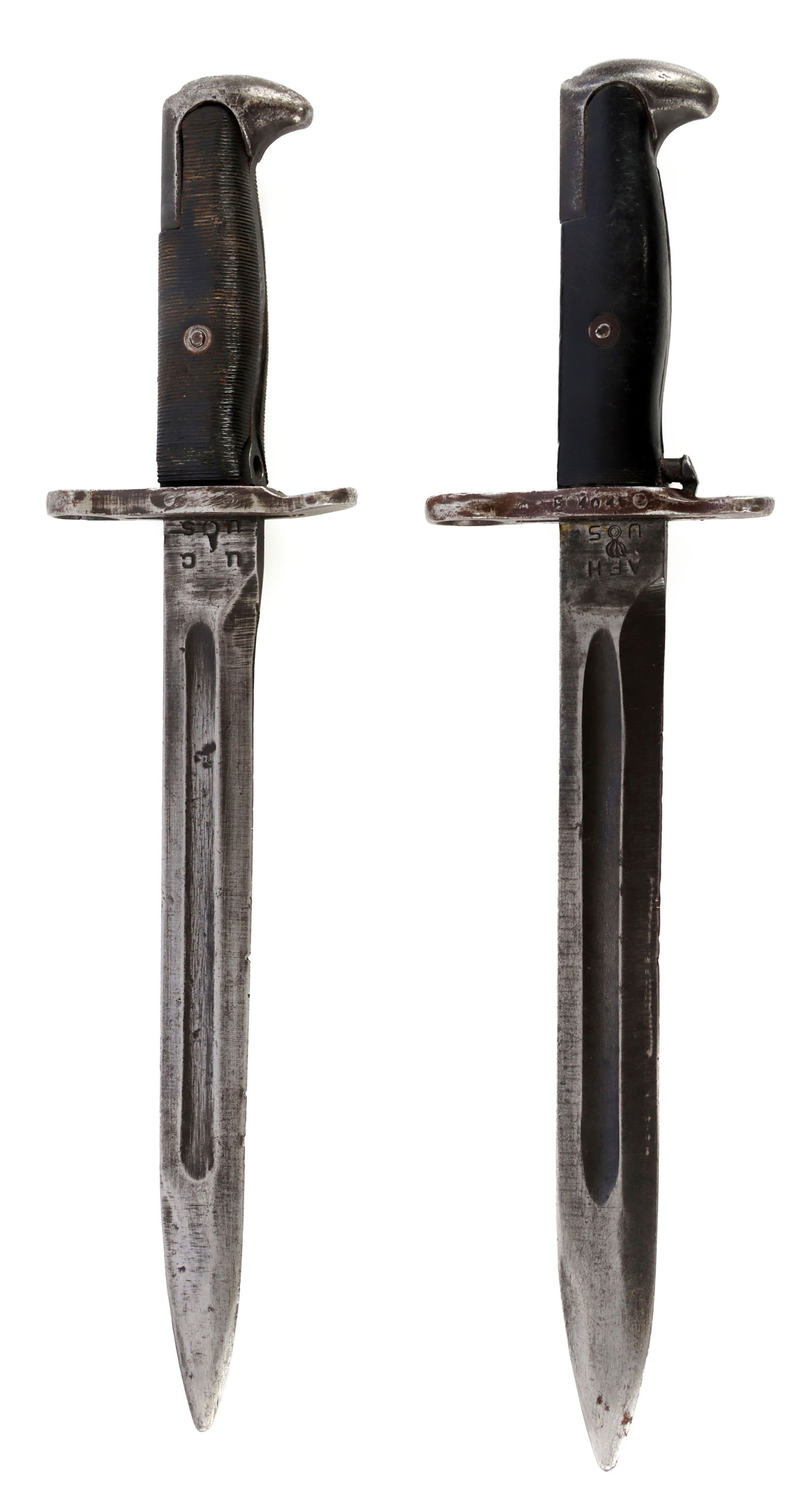 2 M1 GARAND BAYONET LOT UC AFH: Neither has scabbard, Utica Cutlery and American Fork and Hoe, no dates the AFH has S/N E4045 on ricasso. Each is 14 inches overall.