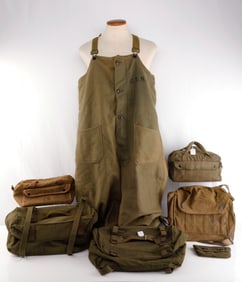6 OLIVE DRAB MILITARY BAGS & USN COVERALLS