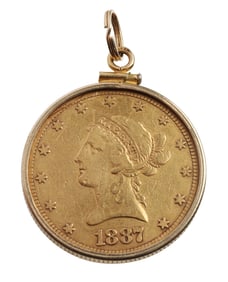 1887 S GOLD $10 HALF EAGLE COIN PENDANT