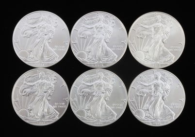 6 1 OZT OUNCE SILVER AMERICAN EAGLE BU COIN LOT