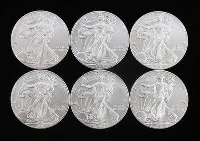 6 MIX DATE 1 OZT OUNCE SILVER AMERICAN EAGLE COINS