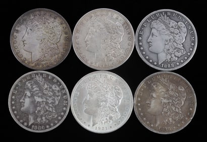 6 MORGAN SILVER DOLLAR COIN LOT 1886 1888 1890