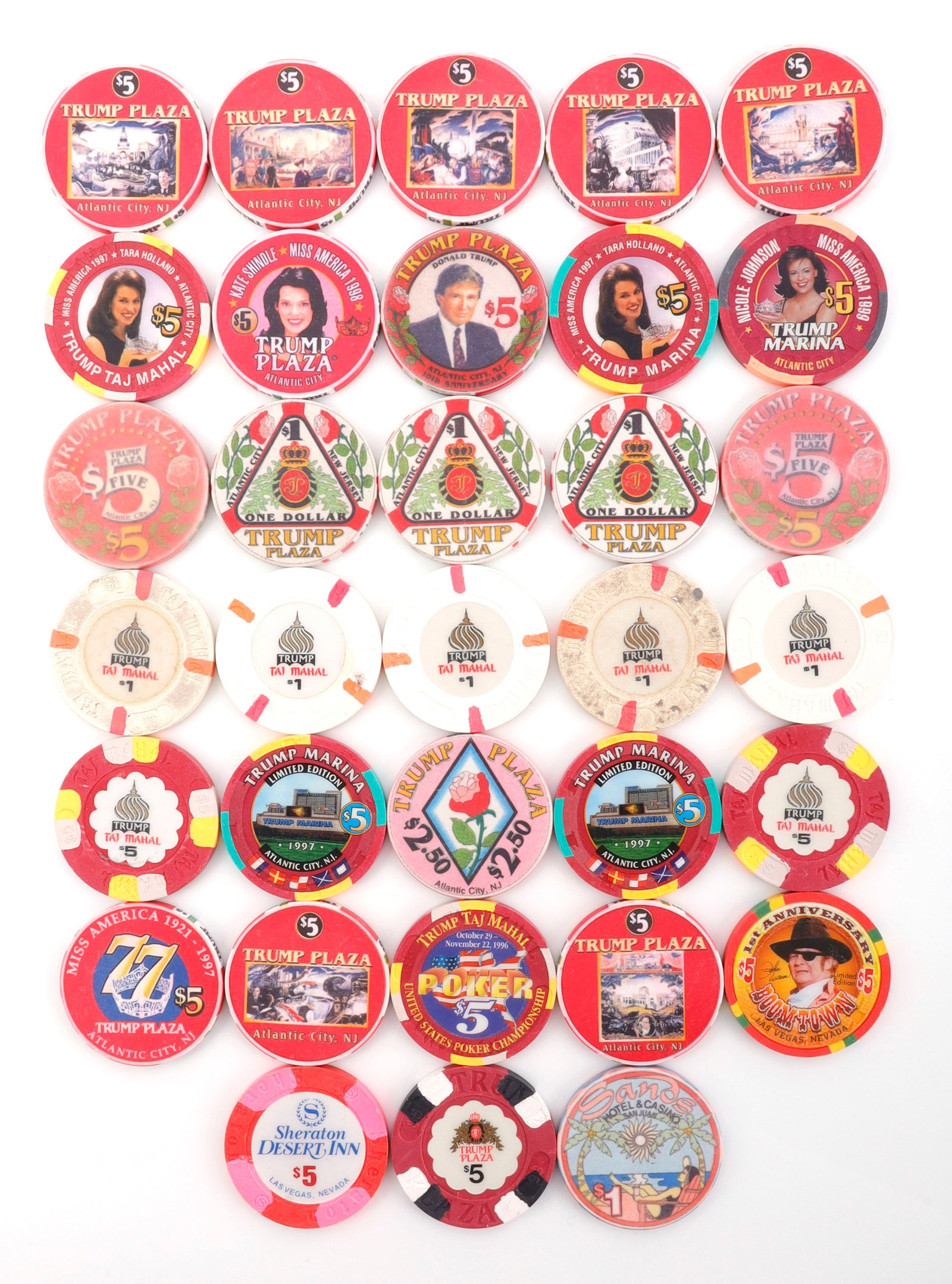 TRUMP TAJ MAHAL CASINO CHIP & TOKEN LOT OF 33: Lot of thirty-three (33) obsolete casino chips, primarily from Trump properties. Includes 23 count $5 tokens and 10 count of lesser denominations. Trump Marina 1997 Atlantic City Limited Edition, 1996
