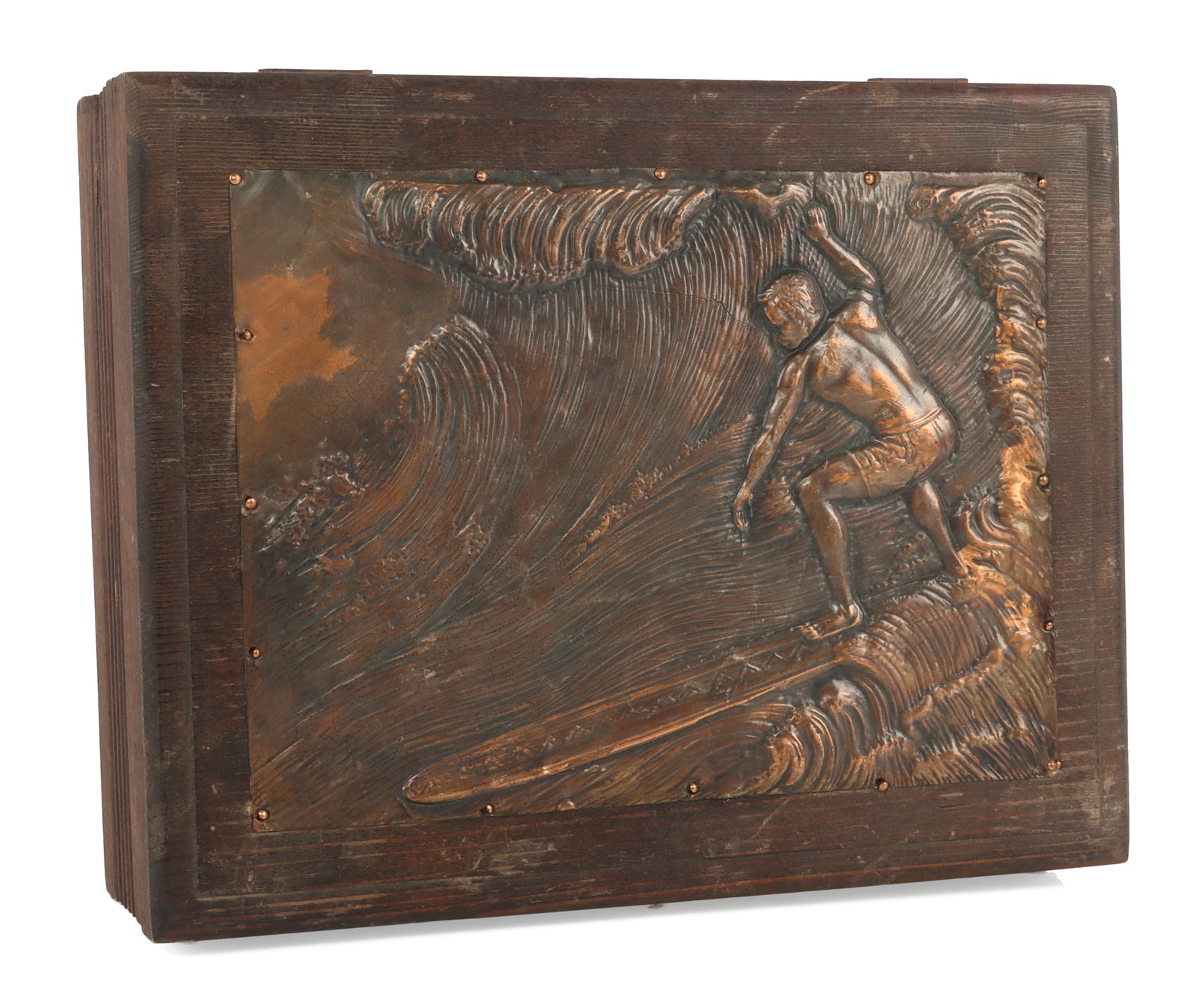 ANTIQUE 1960'S COPPER WOOD TRINKET BOX: Measures 9 X 7 X 3 inches. Good original condition.