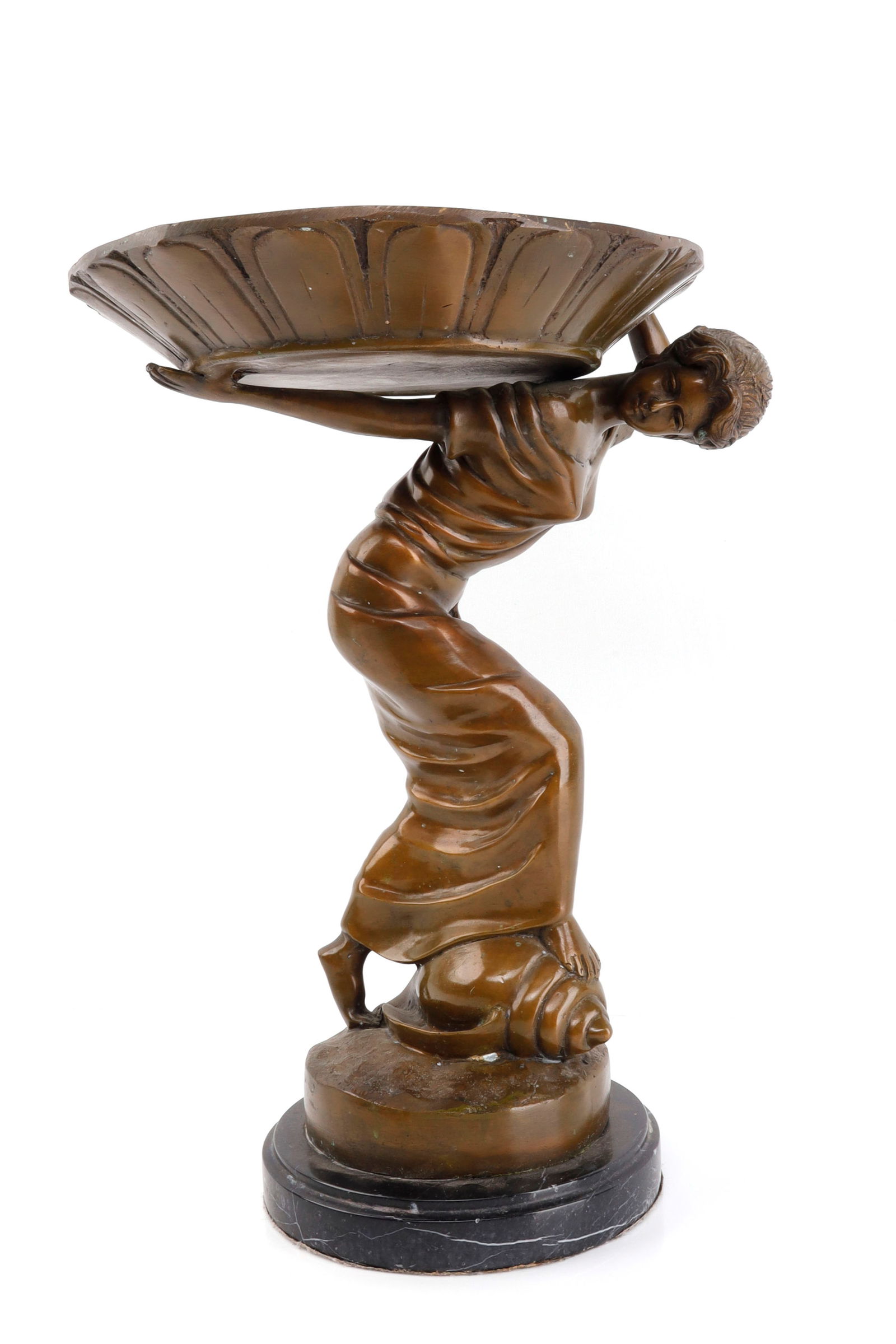 BRONZE STATUE OF WOMAN INSPIRED BY AUGUSTE MOREAU: Bronze statue unsigned of women carrying tray this piece looks like the works of Auguste Moreau. Art deco style with marble base. Statue is 17 "x 11.5 ' x 10". The piece is in over all very good condi