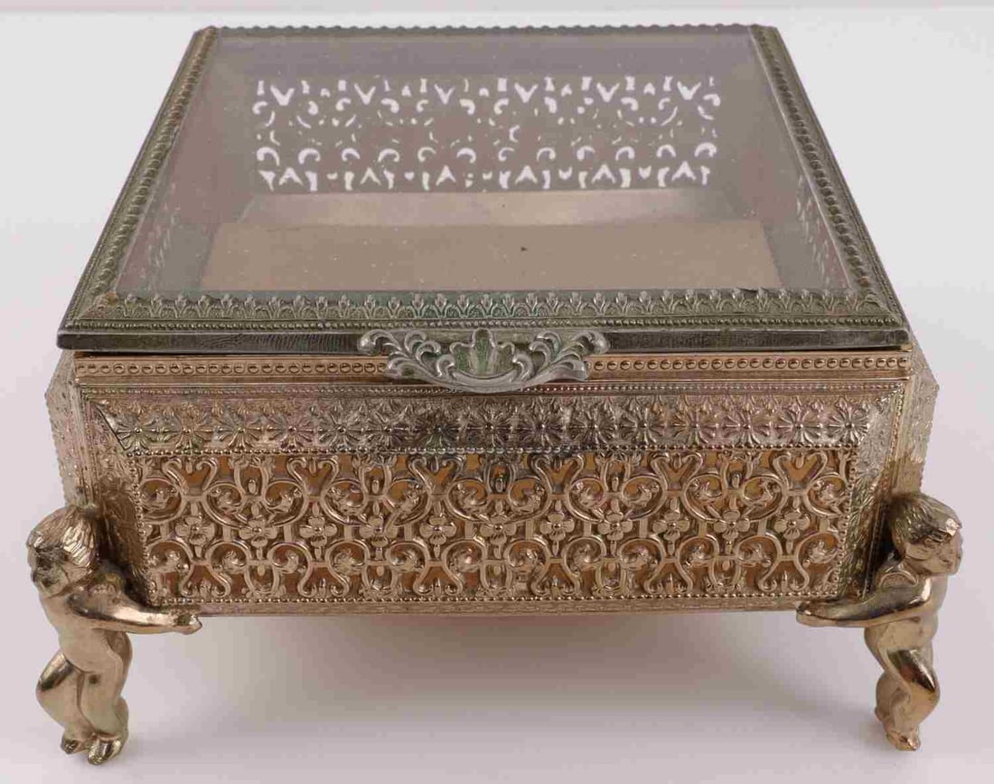 FRENCH JEWELRY CASKET W CHERUBS TRINKET BOX: Very good original condition 5 1/2 x 3 1/4 x 6 1/2. No markings.