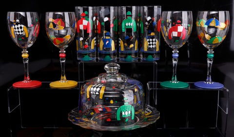 HORSE JOCKEY HAND PANTED GLASSWARE ARTIST SIGNED